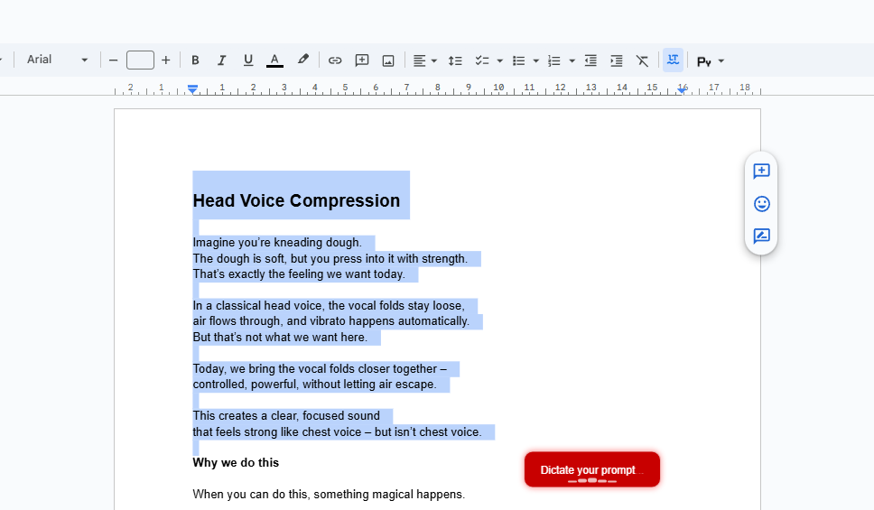 A screenshot from Google Doc featuring a selected text and next to it a floating button saying "Dictate your prompt".